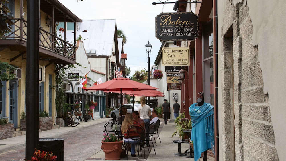 Show item 5 of 10. Shops and restaurants in historic district in St. Augustine.