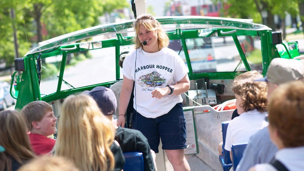 Harbour Hopper guide talking to riders