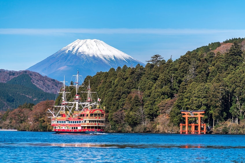 Boat on the water in Japan with Mount Fuji in the background