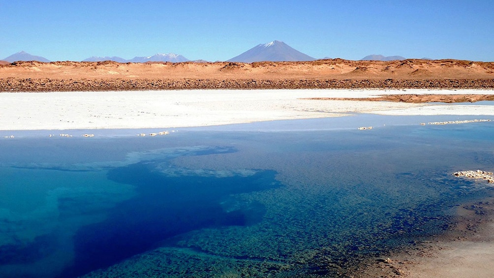 Lake near the Salinas Grandes salt fields with mountains in the background in Argentina