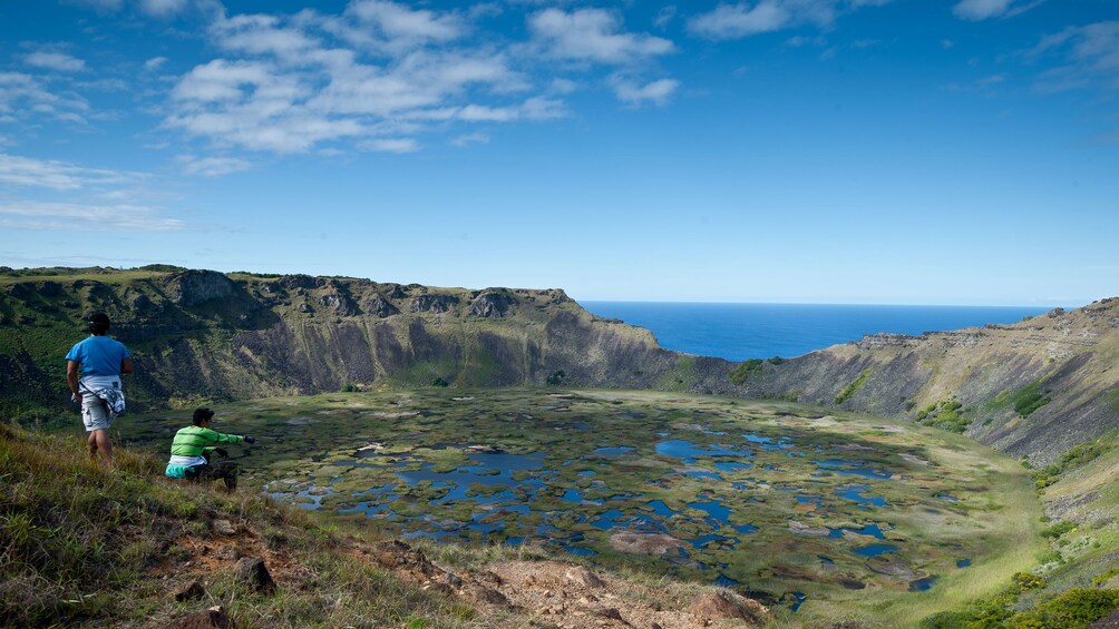 View of Rano Kau an extinct volcano on the edge of Easter Island 