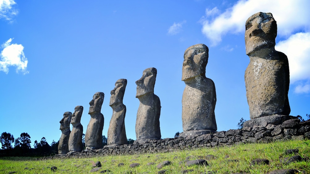 Close view of the sculptures seen at Ahu Akivi on Easter Island 
