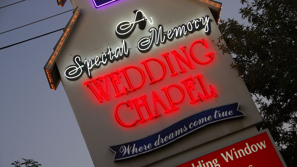 Closeup photo of the wedding chapel's street sign
