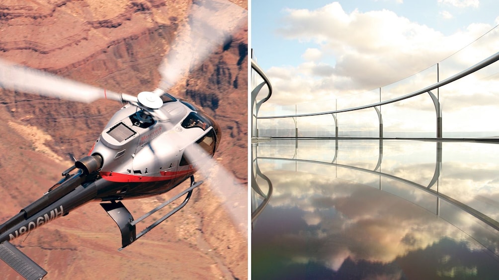 Combo image of helicopter tour and Glass skywalk at Grand Canyon