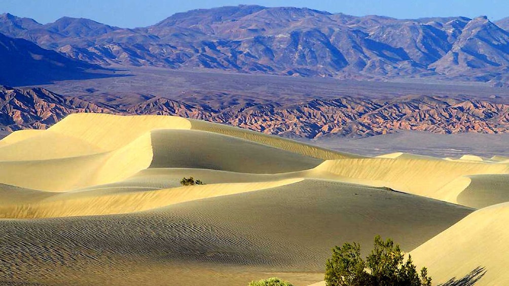 Scenic view of Death Valley with sand dunes in the forefront and mountains in the distance