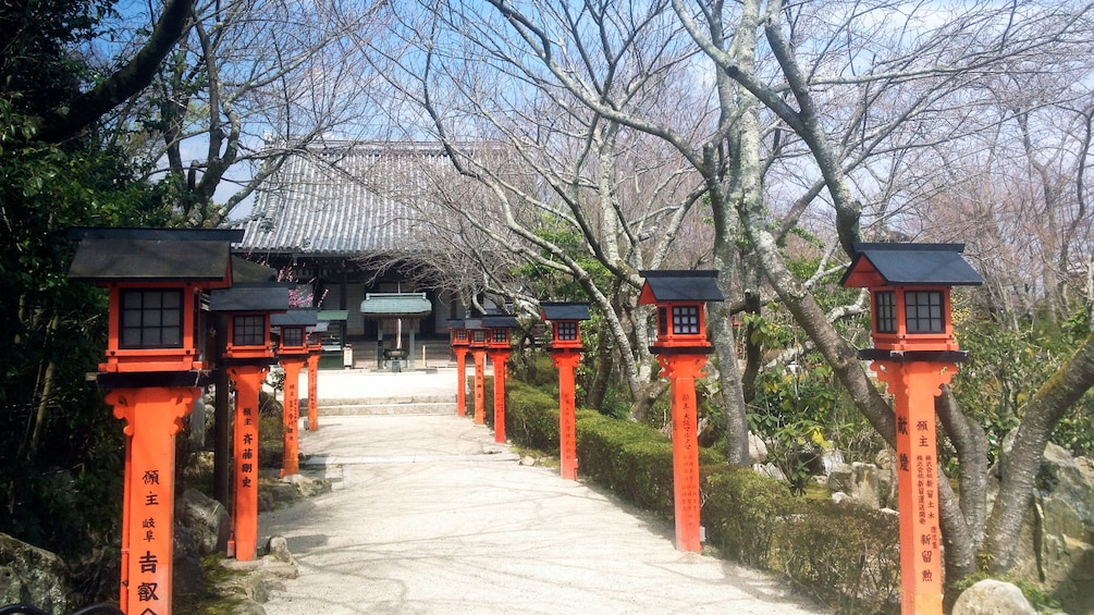 Show item 1 of 5. red lantern posts line a walkway to a temple in Kyoto