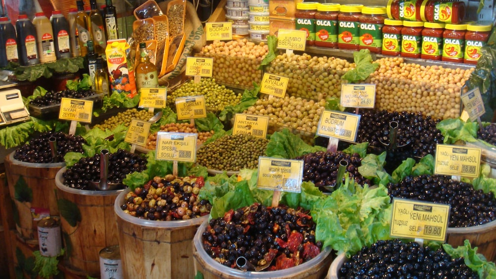 A variety of different olives on display at a grocery story in Istanbul 