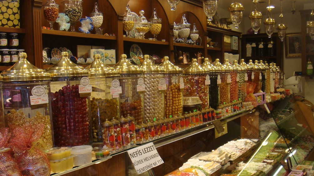 Turkish candies on display inside a candy shop in Istanbul 