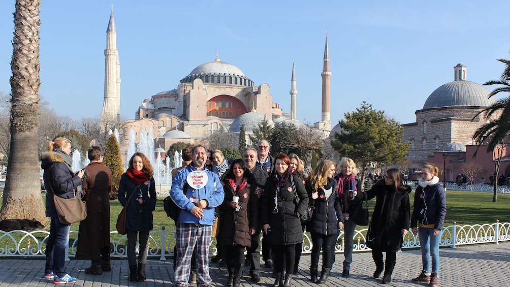 Tourist group standing in front of the Hagia Sophia in Istanbul 