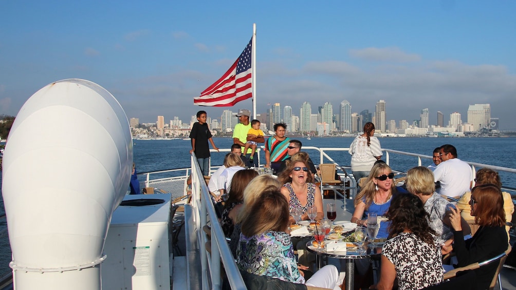 The cruise ship offers a rooftop deck to enjoy downtown San Diego views with a cocktail drink