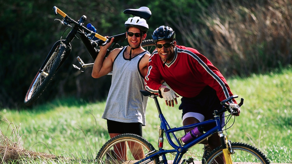 Friends taking a break from mountain biking in Denver