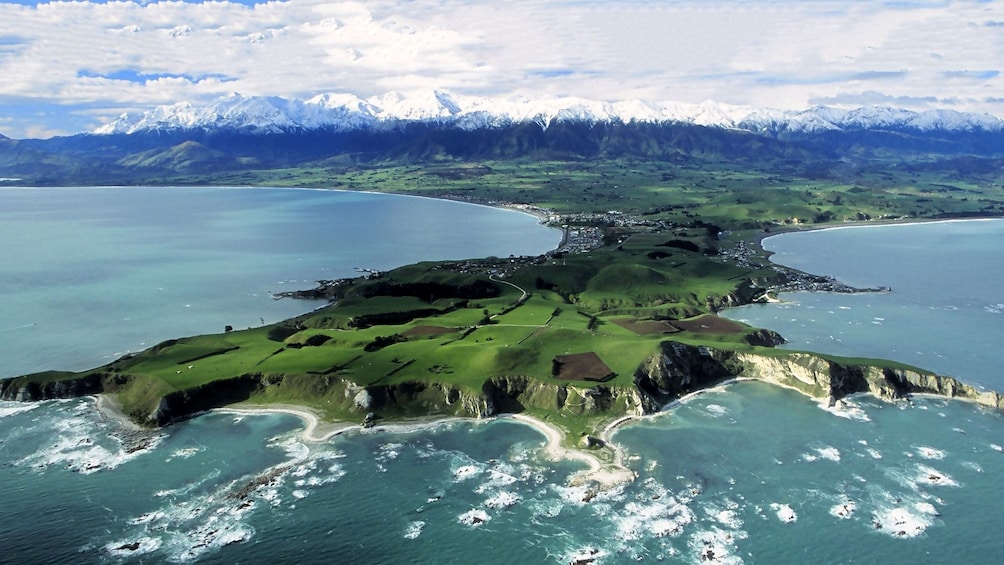Aerial of peninsula in the Kaikour whale watching tour in Christchurch New Zealand. 