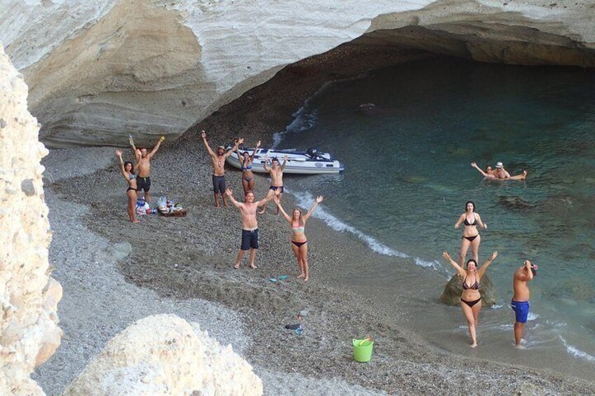 Visiting the beach inside the cave of Sykia with our dinghy