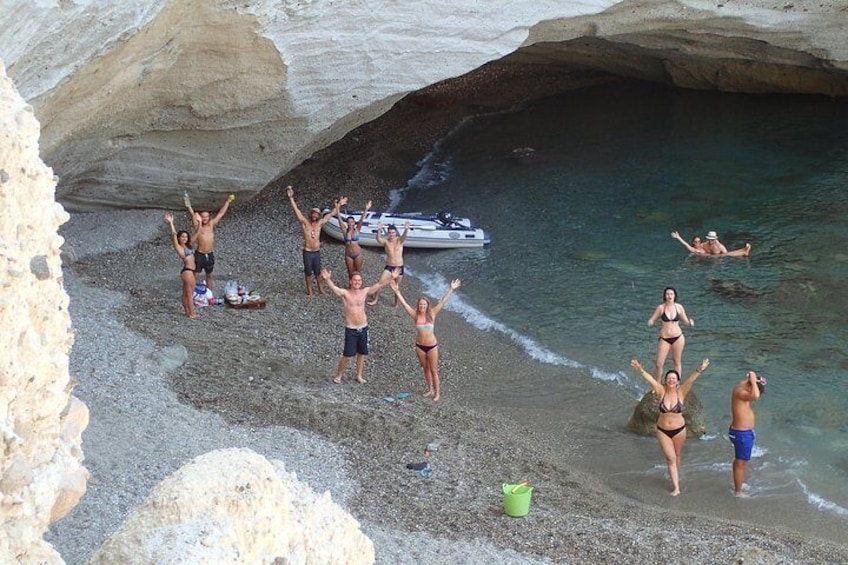 Visiting the beach inside the cave of Sykia with our dinghy