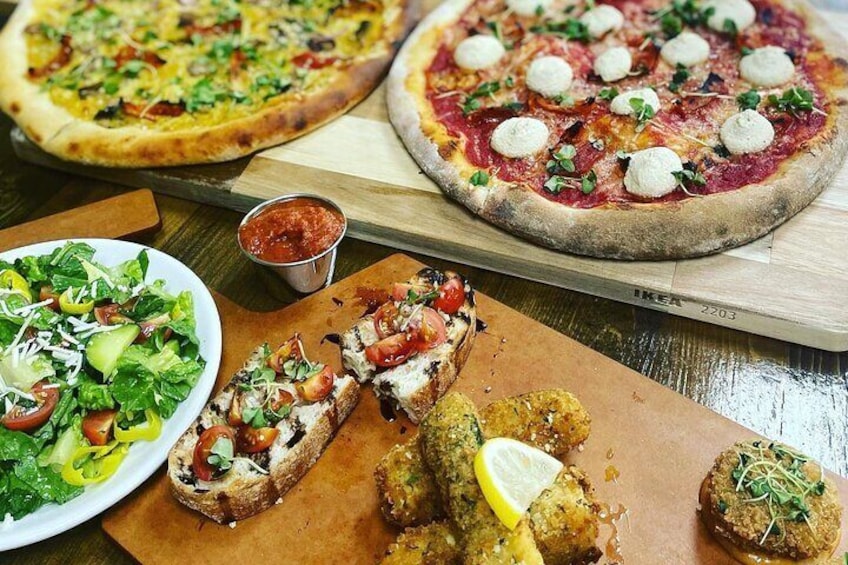 Vegan pizzas and sampler platter