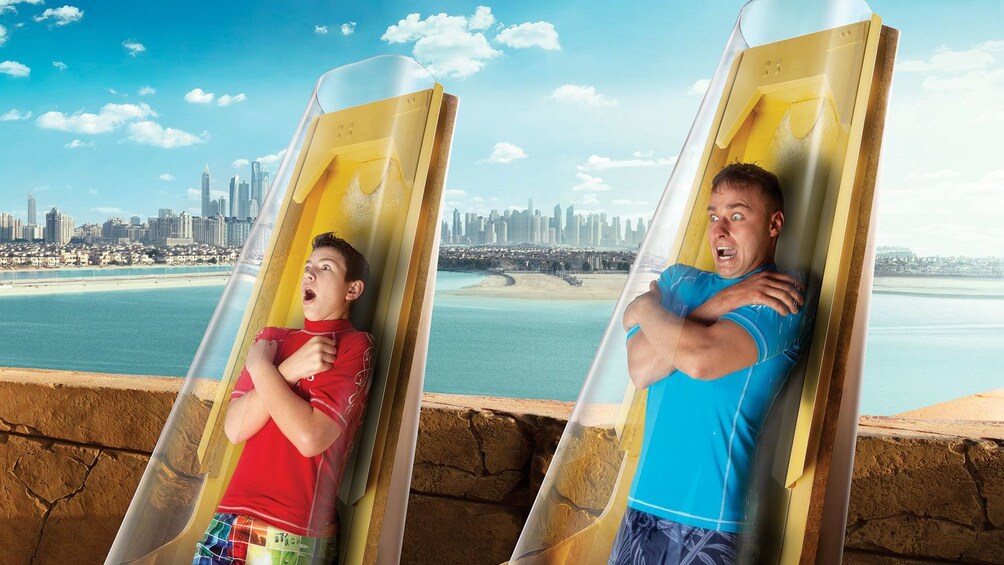 Going down a water slide at Aquaventure Waterpark in Dubai