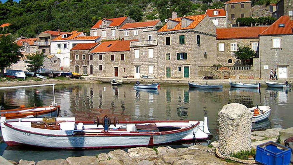 Small boats docked at the bay in Elaphite Island
