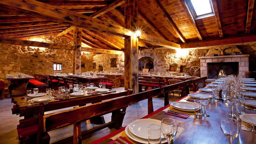 Dining hall inside a log building in Dubrovnik
