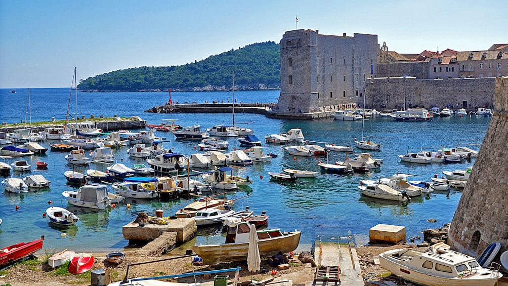 Anchored boats at the coast in Dubrovnik