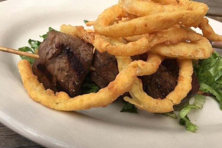 Brewski skewer and onion rings 
