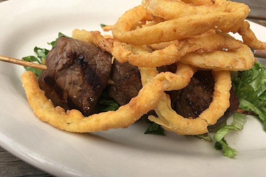 Brewski skewer and onion rings