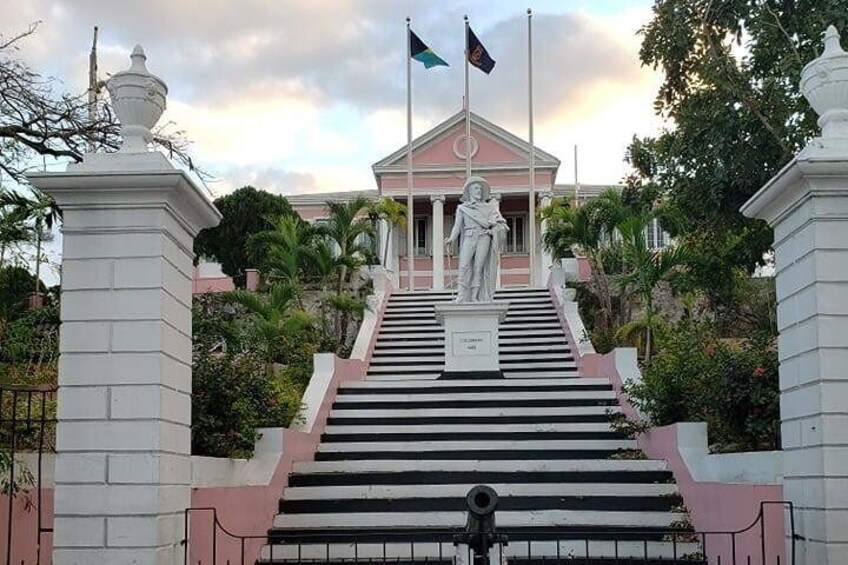 Views from the City of Nassau- Statue of Christopher Columbus at Government House. Columbus was credited for discovering The Bahamas