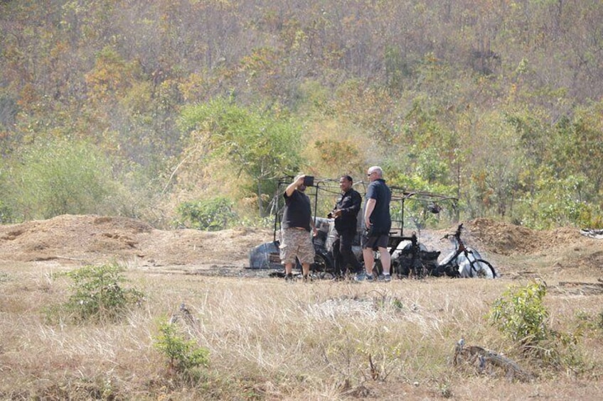 checking the tuk tuk after being shot by bazooka and and other riffles pkm Cambodia shooting Range