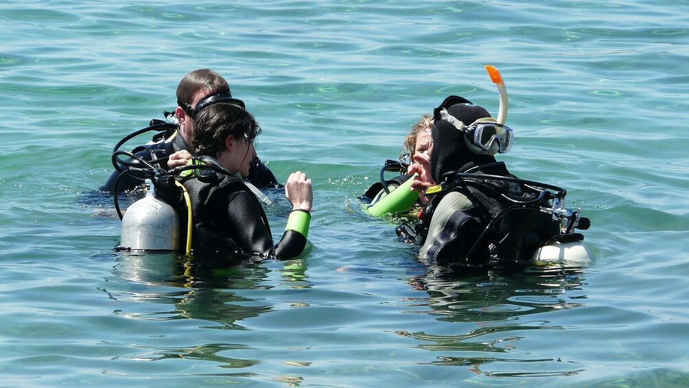Tourists and guide getting ready for a dive in Alcudia