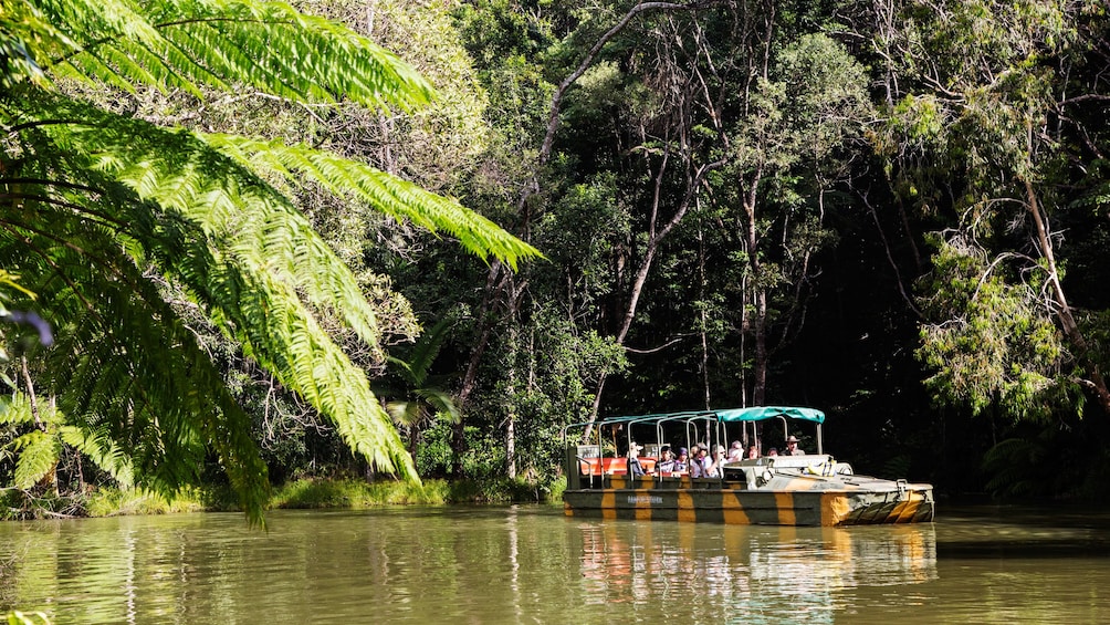 group of people enjoying ride on amphibious DUKW through river in Cairns