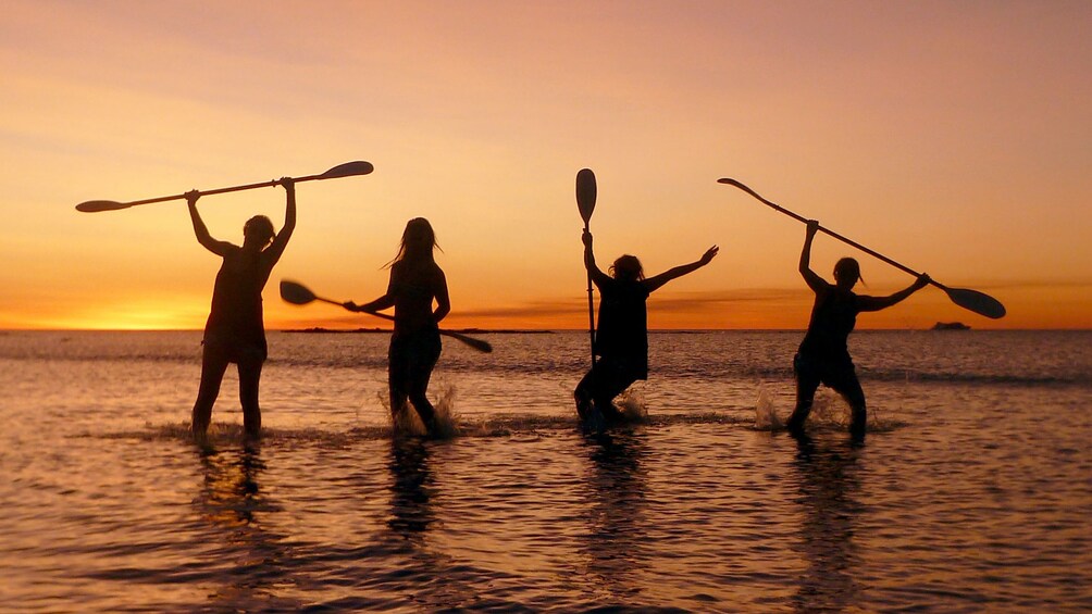 Show item 3 of 4. Silhouette of Kayaker in ocean with paddles having fun in Broome Sea Turtle Kayak Adventure in Australia.