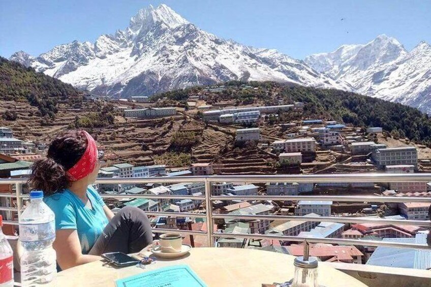 breakfast with mountain view at Namche Bazaar.