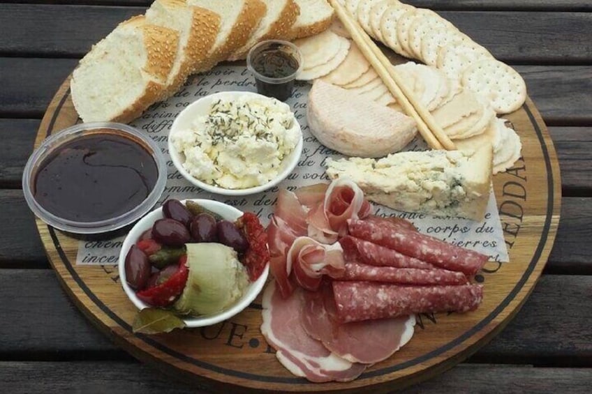 $19pp Hunter Valley Cheesemakers Lunch - includes 4 cheeses (pictured is platter for two, Meats and Olives are optional extras you can arrange on arrival)