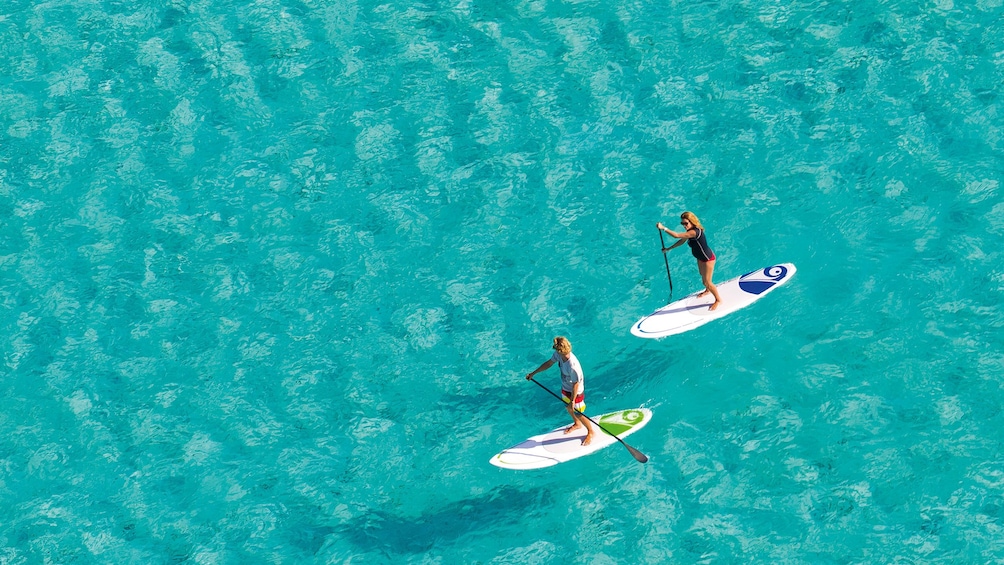 Aerial view of couple on standup paddle board in Brisbane Australia. 