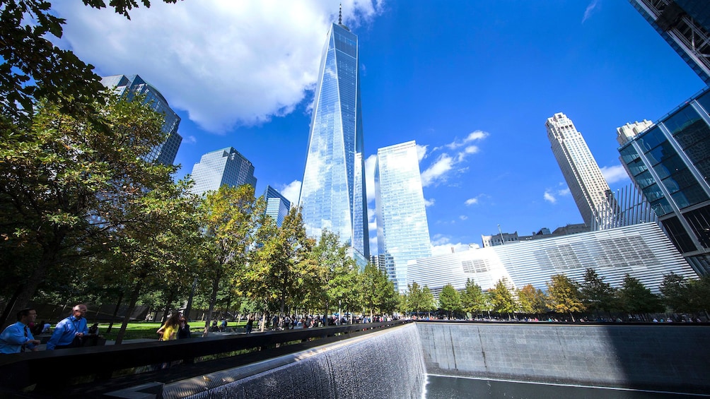 View of One World trade center and rejecting pool at the National September 11 Memorial Museum in New York