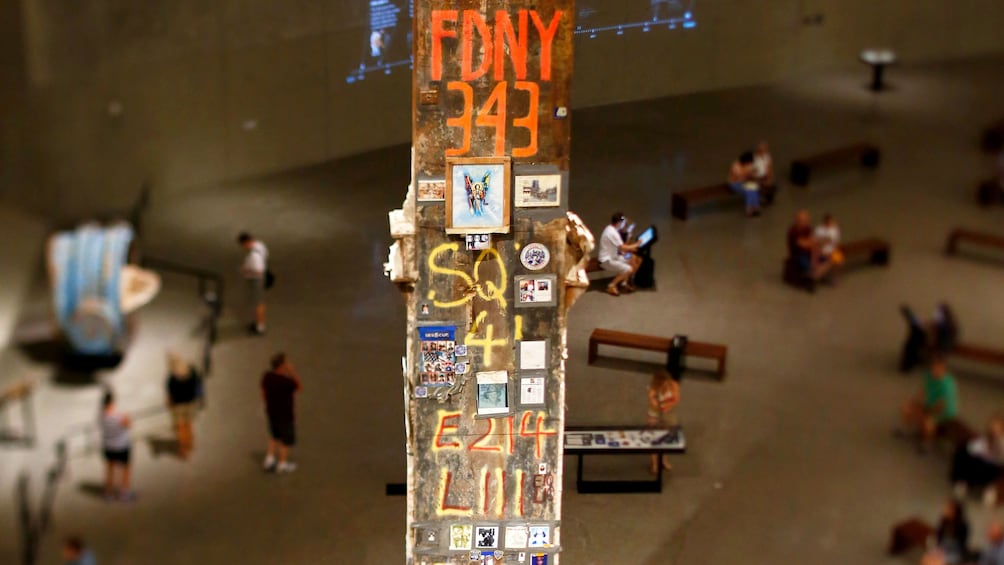 Old support from twin towers commemorating the emergency forces at the  National September 11 Memorial Museum in New York