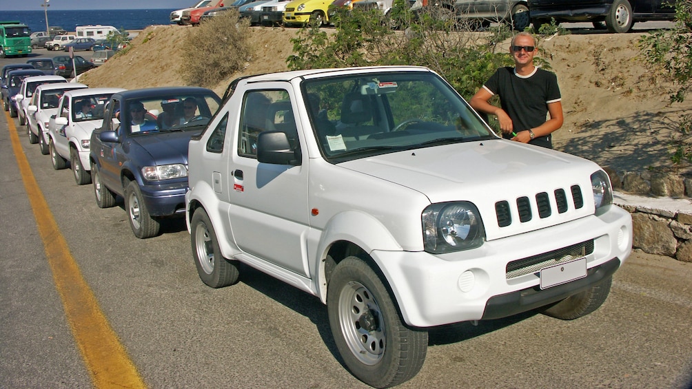 Line of jeeps on a tour on Mykonos