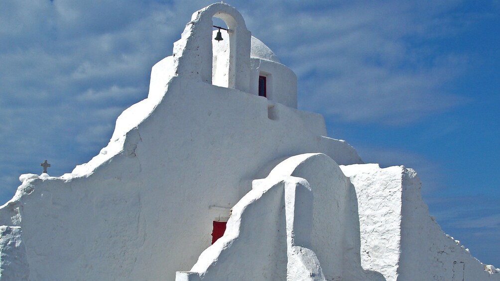 Whitewashed structure of the Church of Panagia Paraportiani in Mykonos