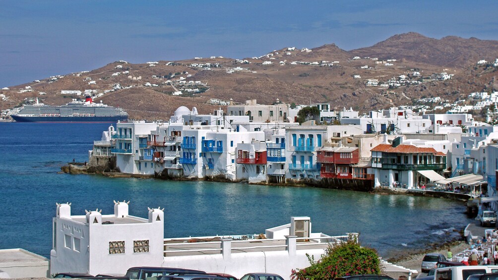 Buildings line the coastline in Mykonos