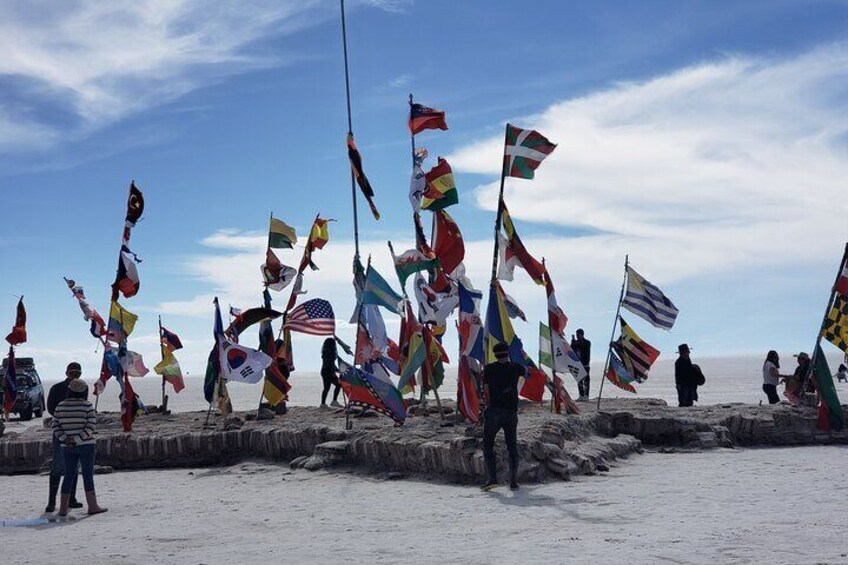 Flags island in the Salar de Uyuni