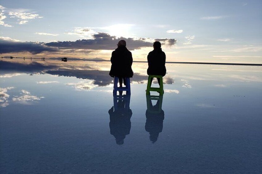 Sunset mirror effect on the Salar de Uyuni