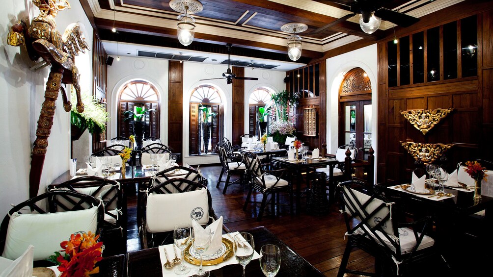 Warm and welcoming dining room at Blue Elephant restaurant in Bangkok. 