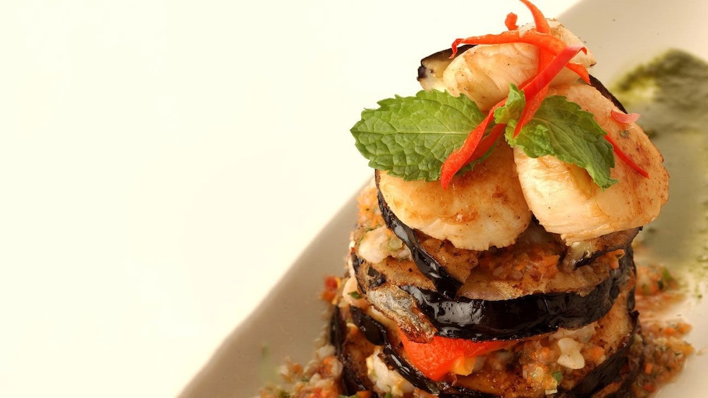 Eggplant and scallop tower from Blue Elephant Cooking School in Bangkok.