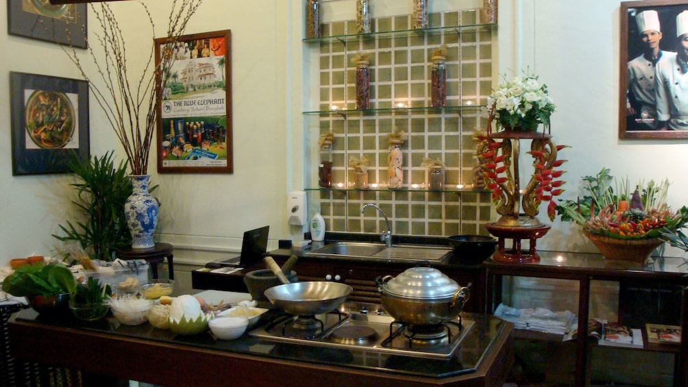 Cooking setup at Blue Elephant Cooking School in Bangkok. 