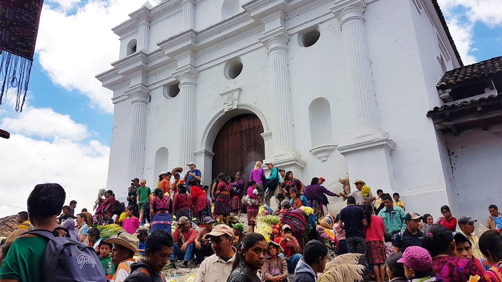 View outside of cathedral in Chichicastenango market in Guatemala 