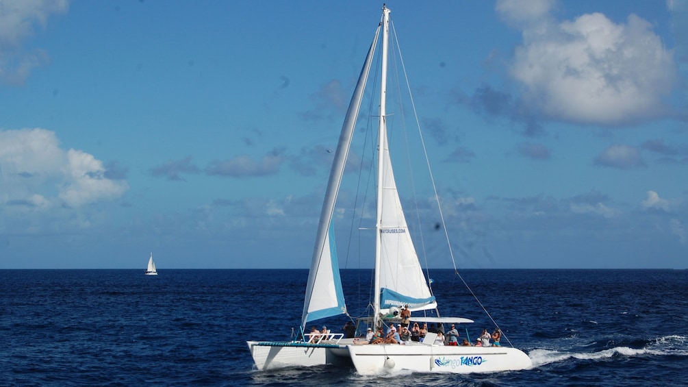 Catamaran with tour group on the water in Saint Lucia