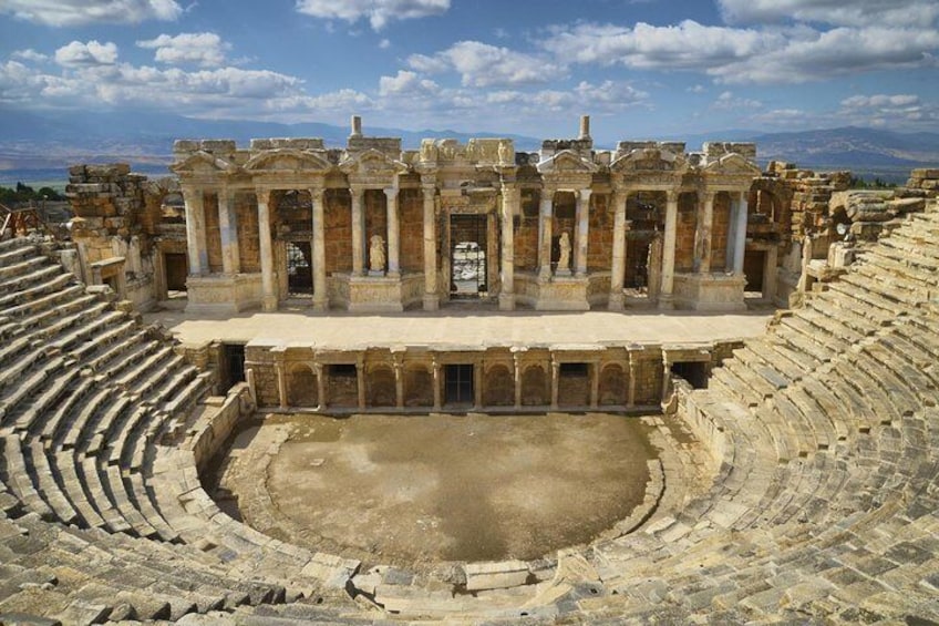 The extensive ruins of the Roman mineral water spa city of Hierapolis include a grand theater, a vast North Necropolis(cemetery), colonnaded street, baths, and numerous other ruined structures.