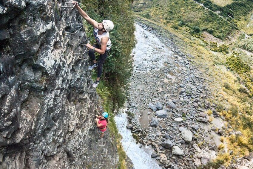 Via Ferrata of 90 meters, consists of steps embedded in the basalt wall created by the past eruptions of the Tungurahua volcano