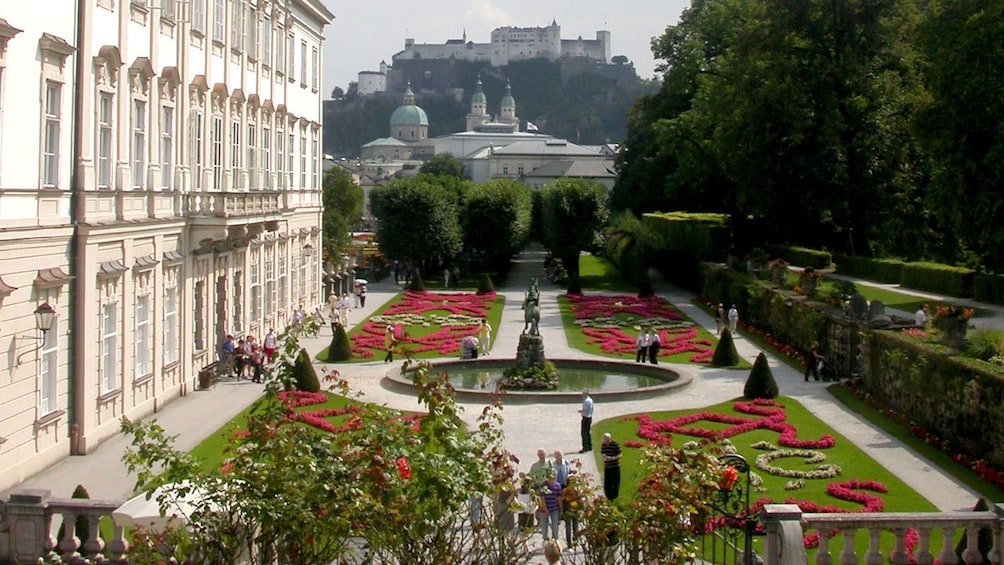 MIrabell Gardens with Fortress Hohensalzburg in the distance