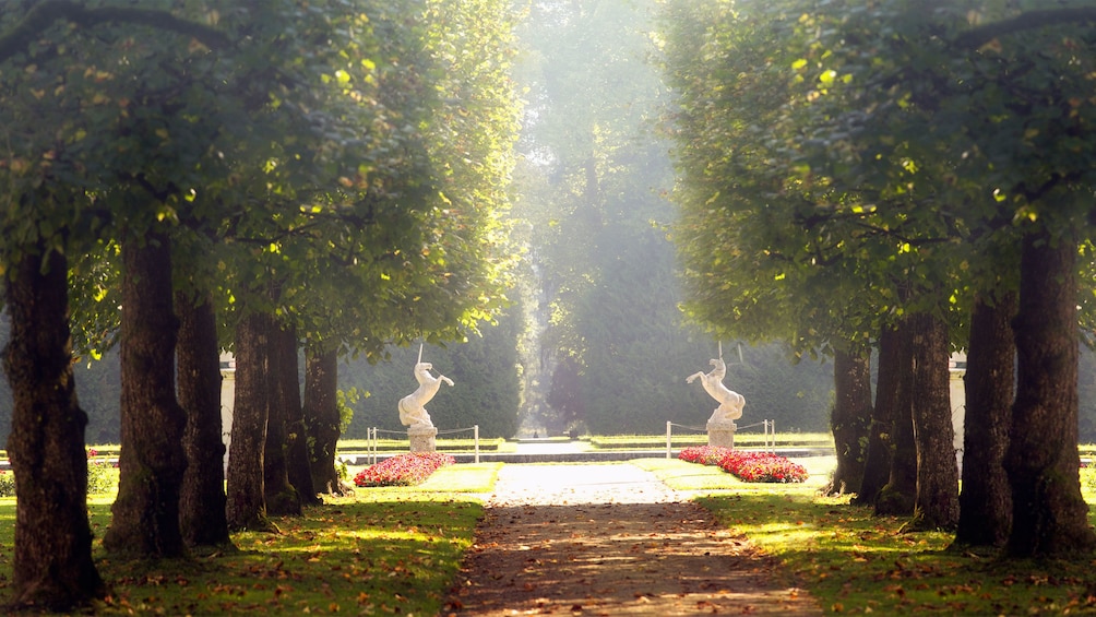 Hellbrunn Palace unicorn statues and garden in Salzburg