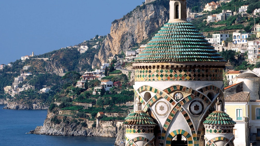 Amalfi Cathedral bell tower with city in the background